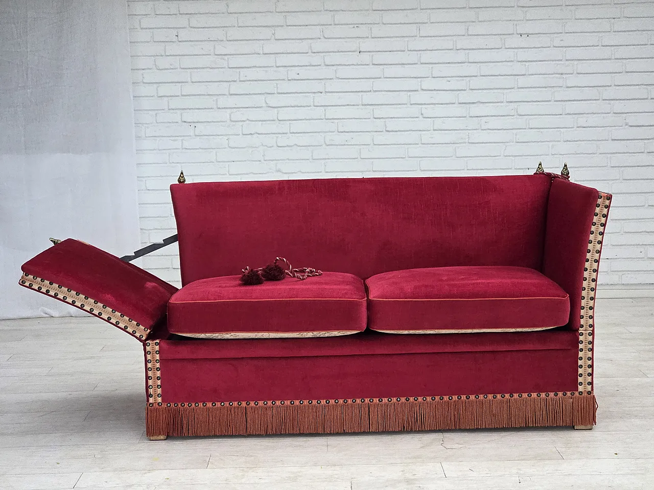 1970s, Danish 2-seater "Spanish" drop arm sofa, furniture velour. 23