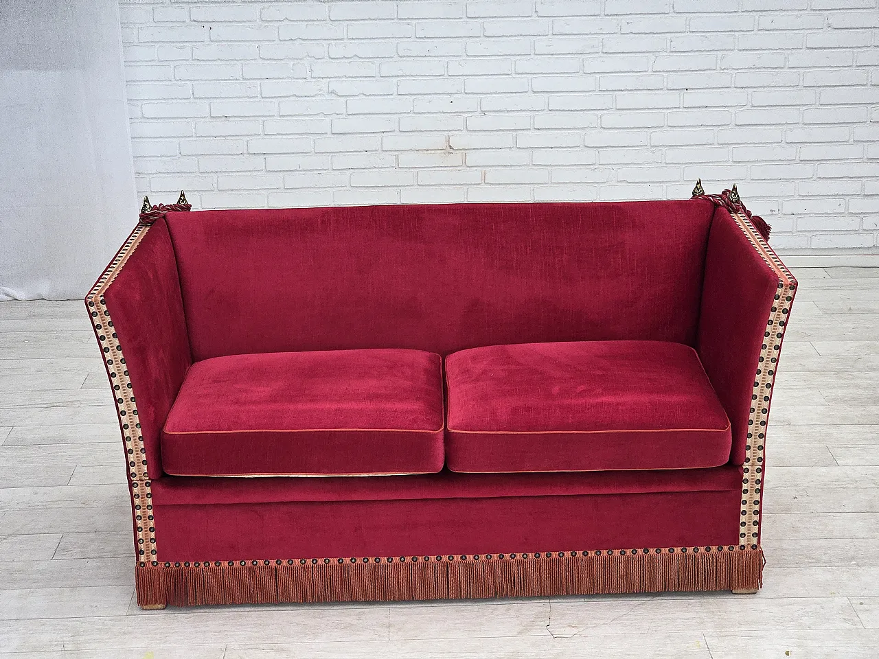 1970s, Danish 2-seater "Spanish" drop arm sofa, furniture velour. 24