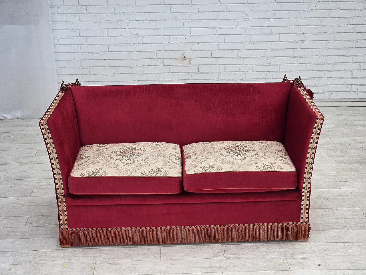 1970s, Danish 2-seater "Spanish" drop arm sofa, furniture velour. 25