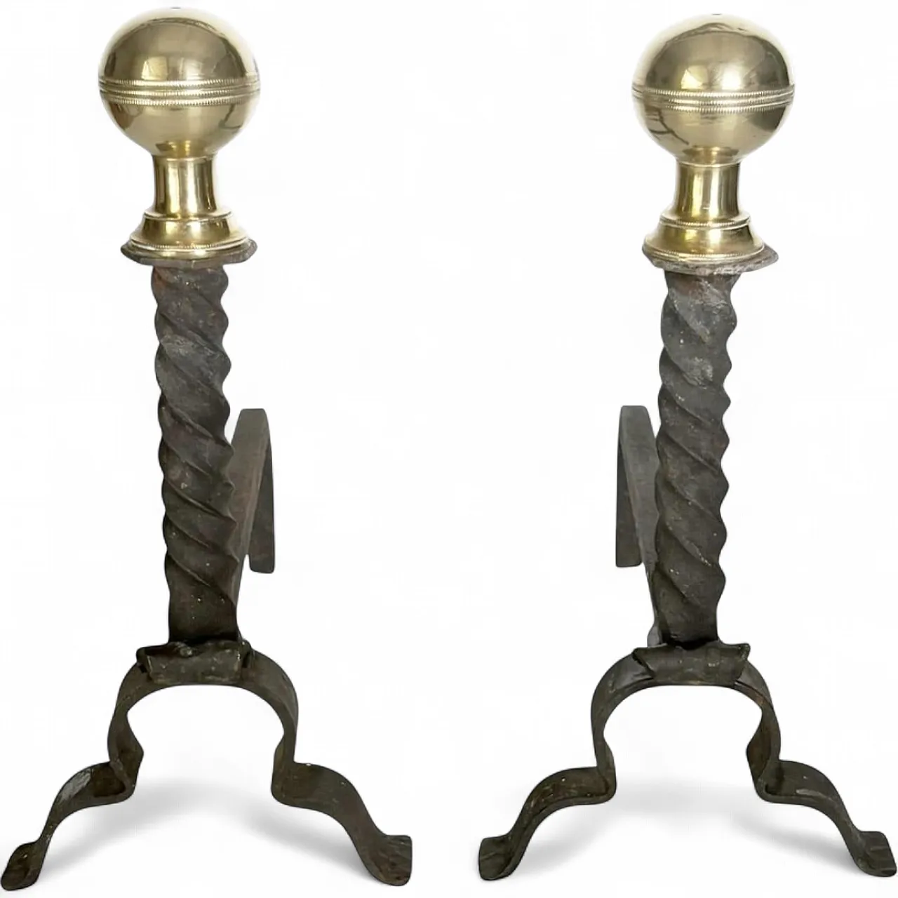 Pair of andirons in cast iron and brass, black and gold, 1960s 12