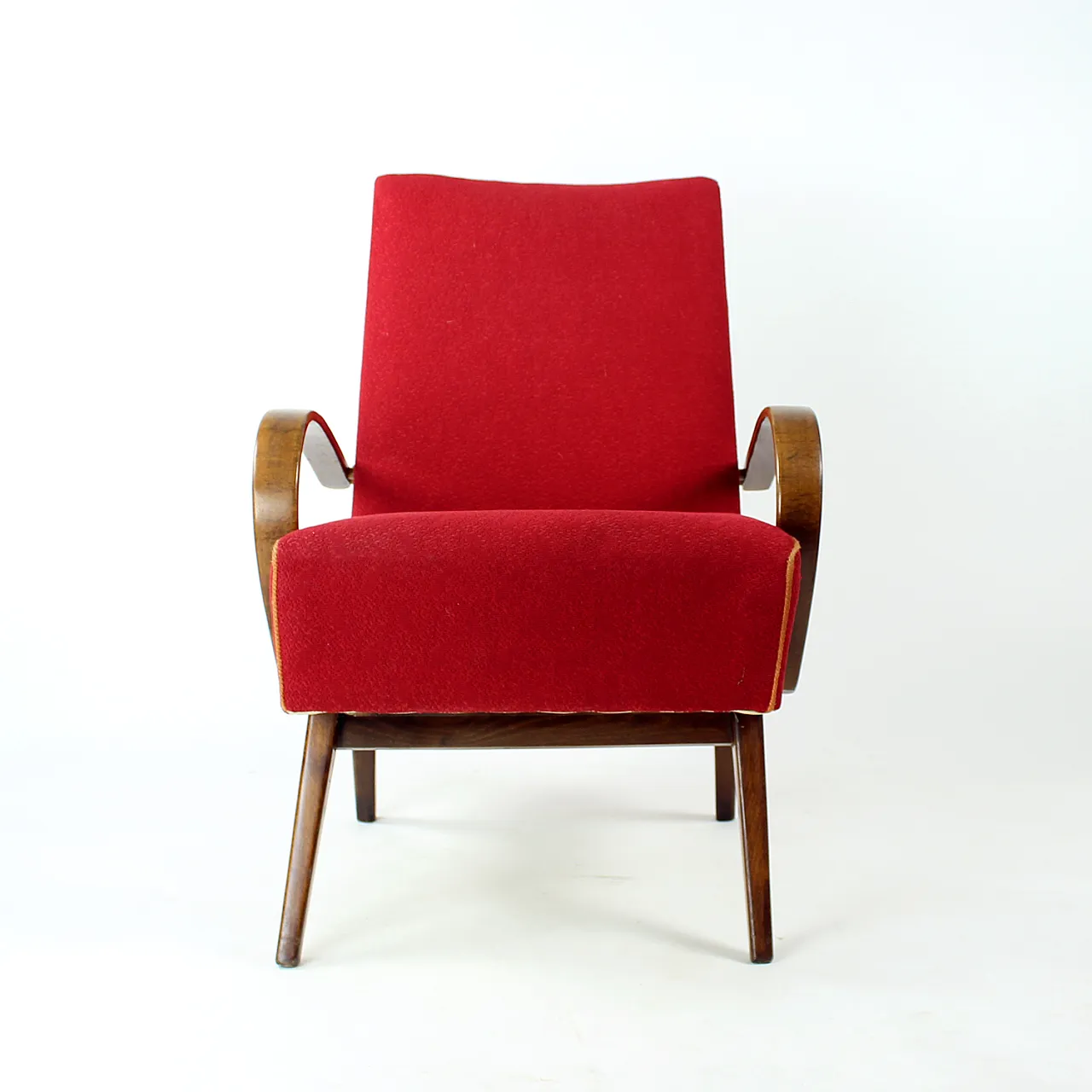 Midcentury Armchair in Original Red Fabric By Ton, Czechoslovakia 1960 1