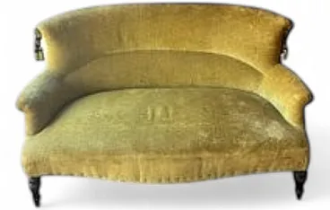 Mustard velvet curved sofa with decorative tassels, 1930s