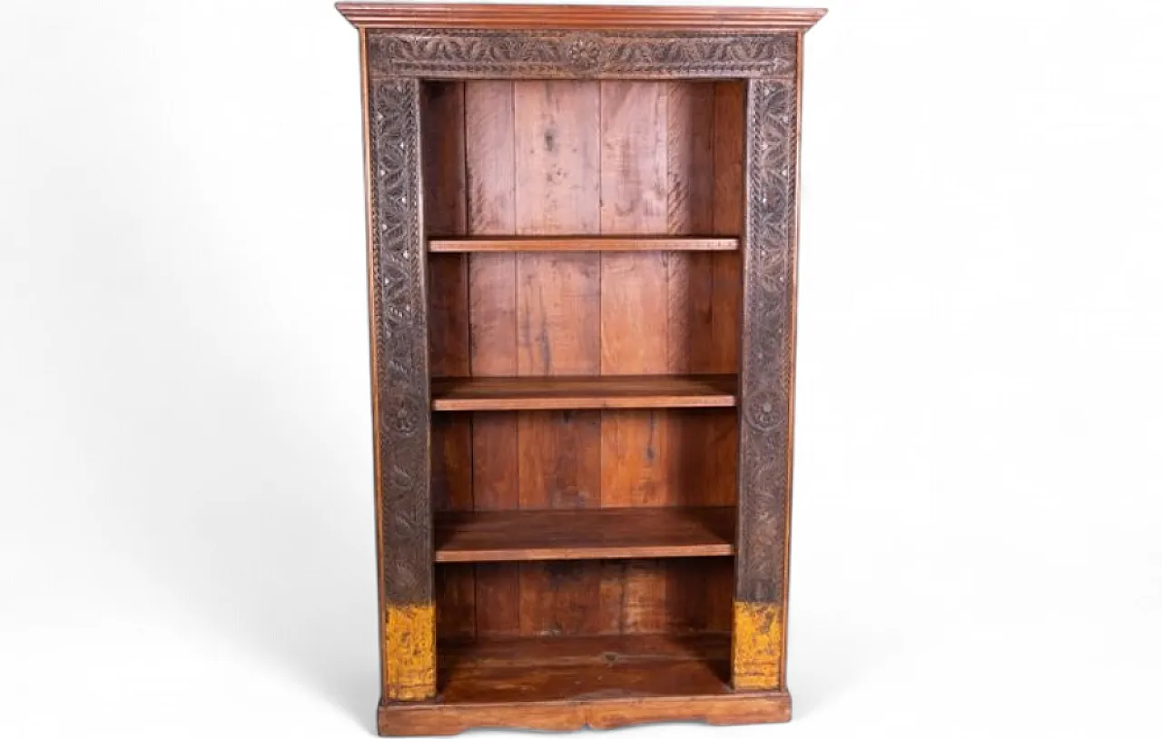 Indian teak wood bookshelf with decorative carvings, 1950s 10