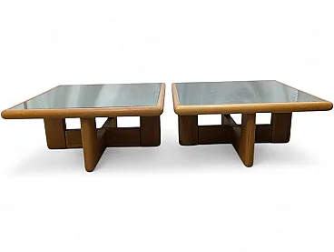 Pair of wooden and mirrored glass coffee tables, 1970s