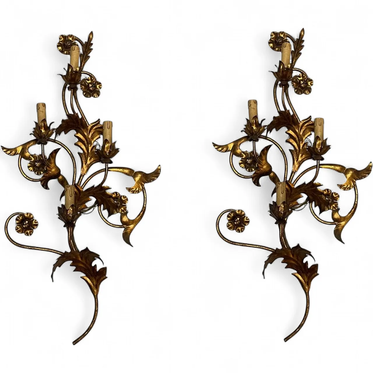Pair of large golden Florentine wall lights, 1960s 13