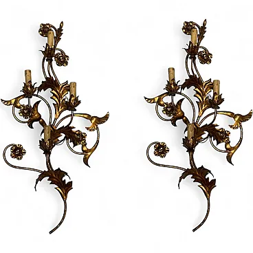 Pair of large golden Florentine wall lights, 1960s