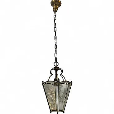 Vintage brass and etched glass pendant lamp, 1950s
