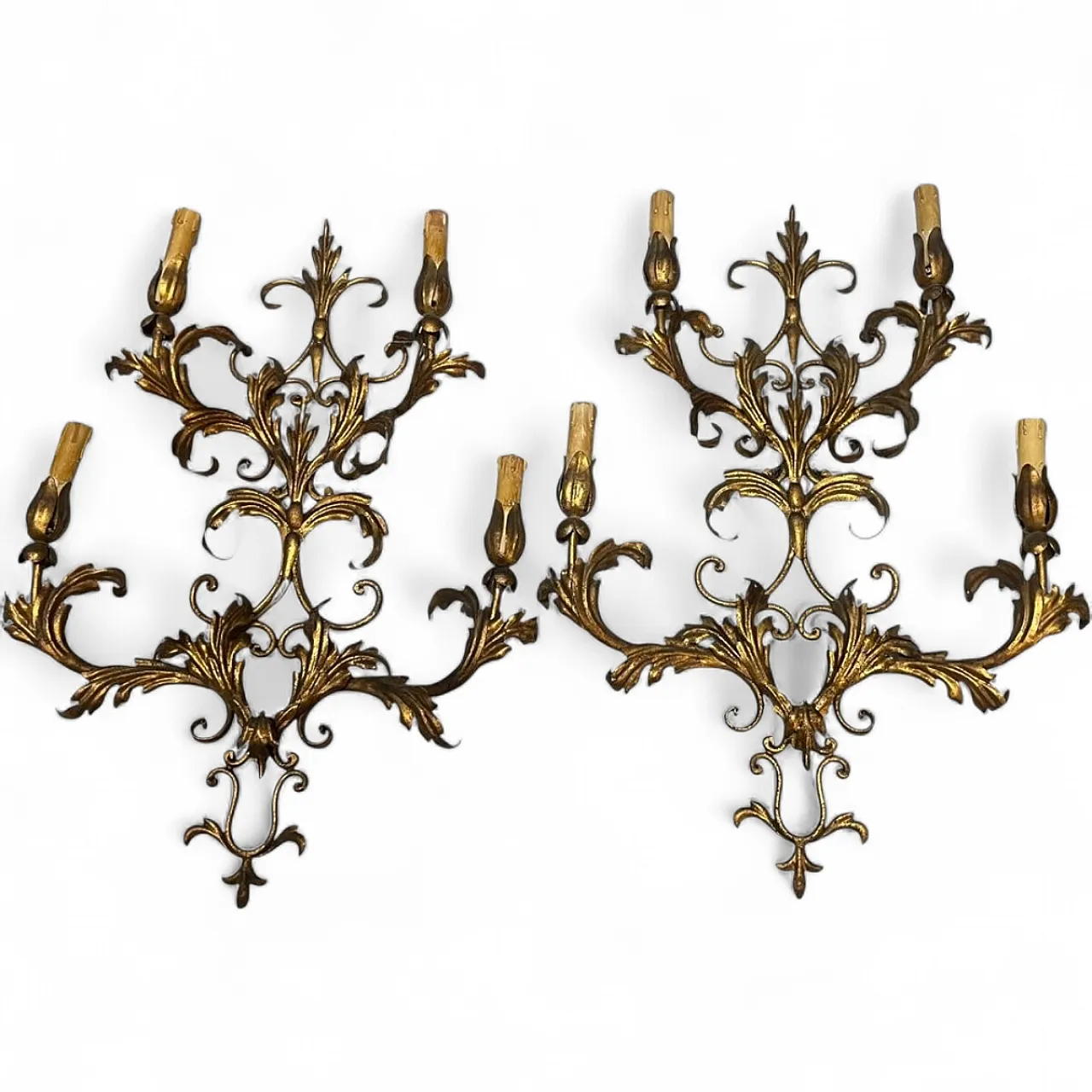 Large golden Florentine wall lights, 1960s, set of 2 12