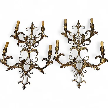 Large golden Florentine wall lights, 1960s, set of 2