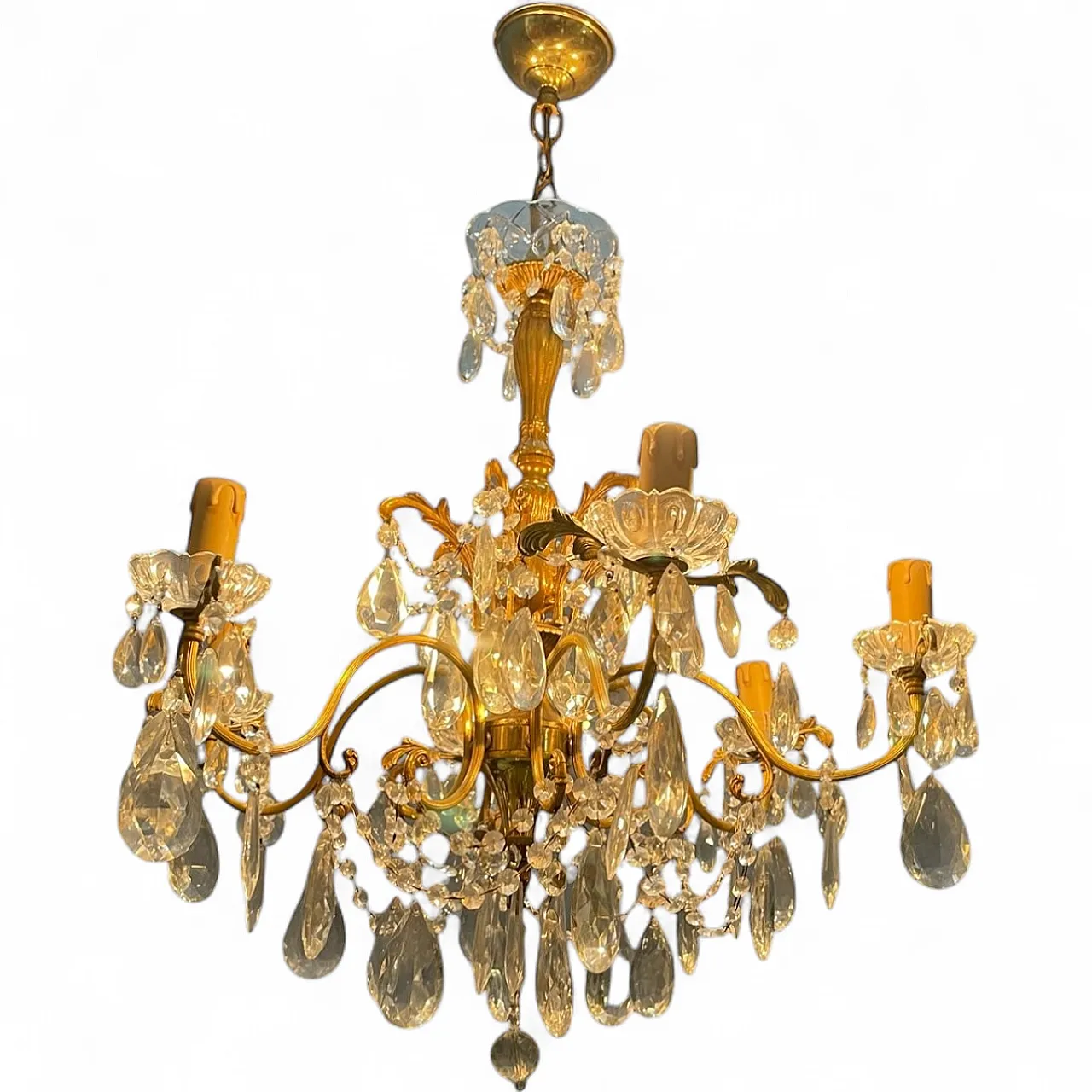 Brass and crystal chandelier, Italy, 1950s 16