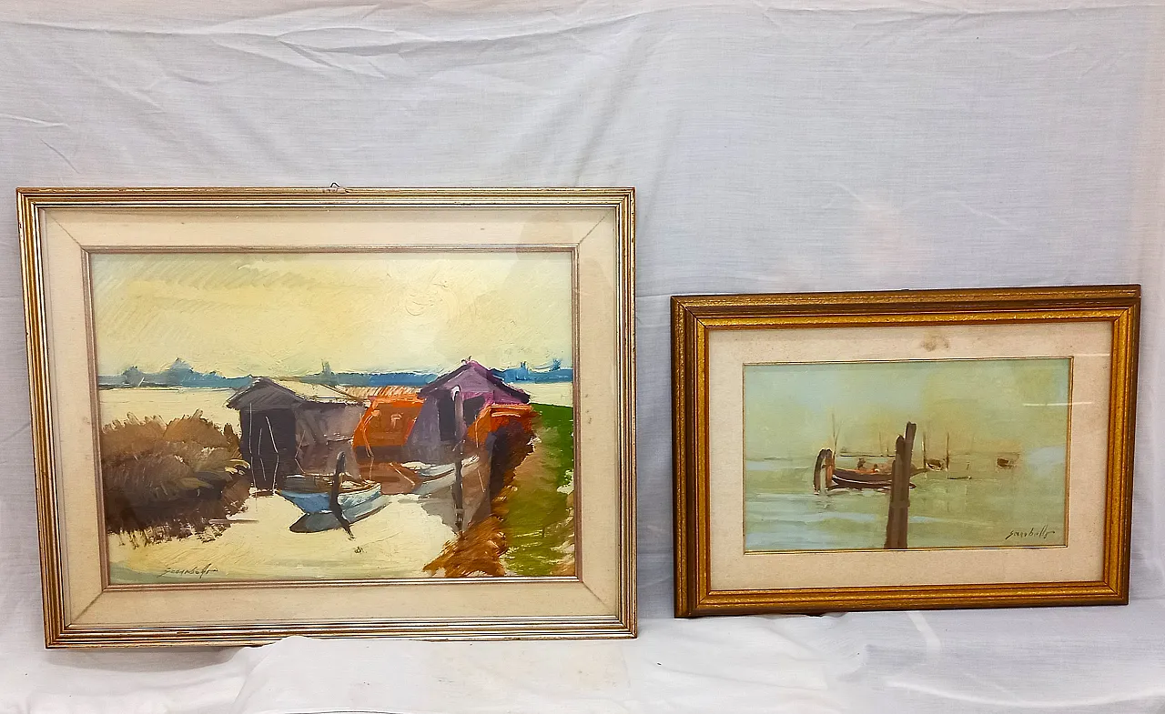 Vittorio Scarabello COUPLE Oil Paintings on Canvas 50x30 Venetian Lagoon 1