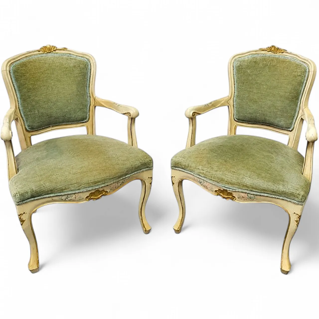Pair of Louis XV lacquered armchairs, 20th century 6