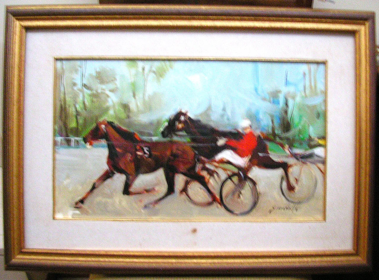 V. Scarabello Oil Painting on Canvas "Trotters" Horse Race 1976 1