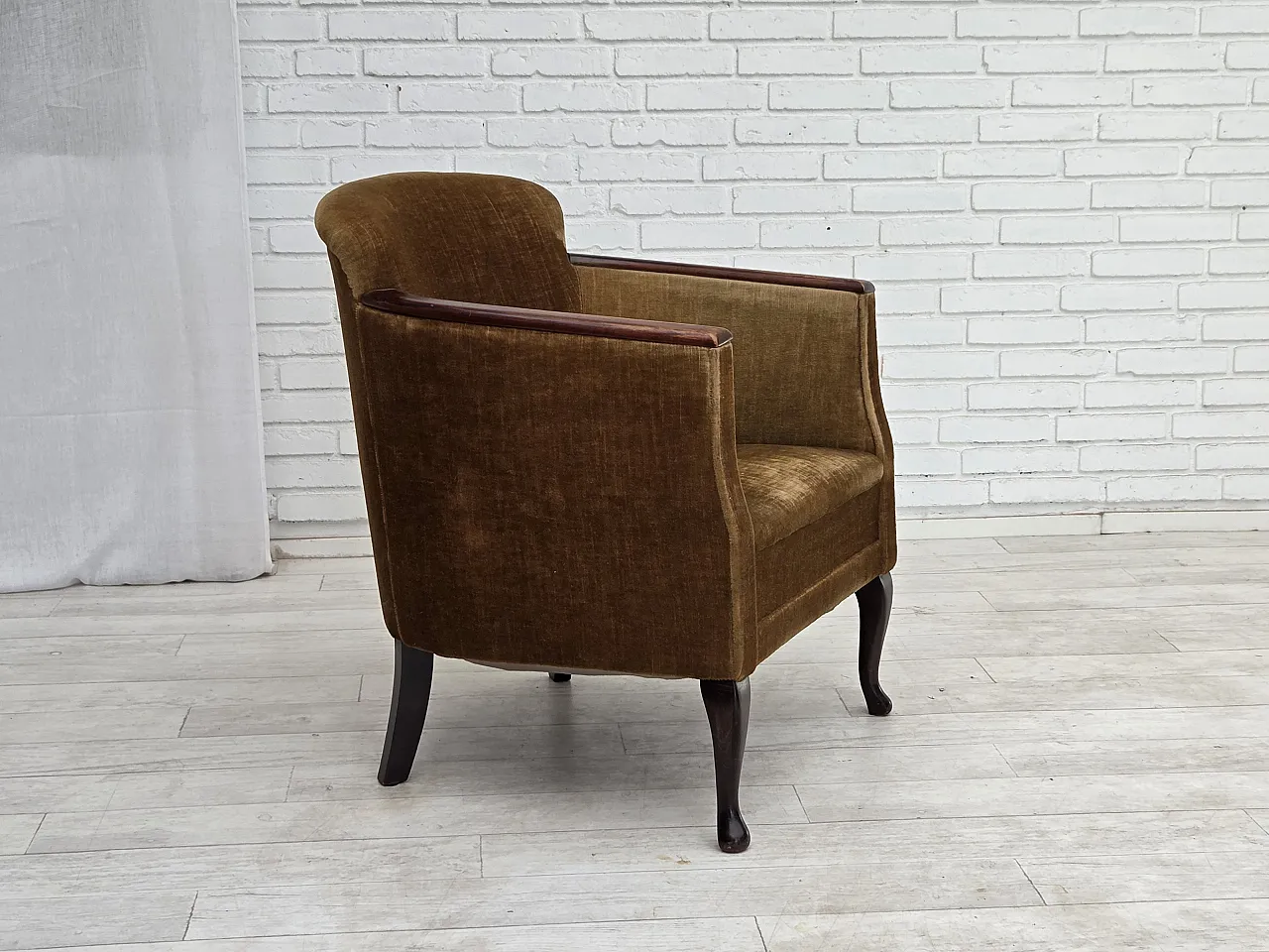 1960s, Danish armchair, furniture velour, ash wood. 1