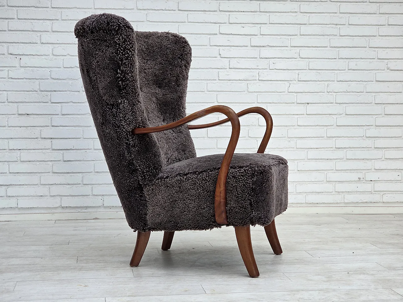 1960s, Danish armchair, reupholstered, genuine sheepskin. 1