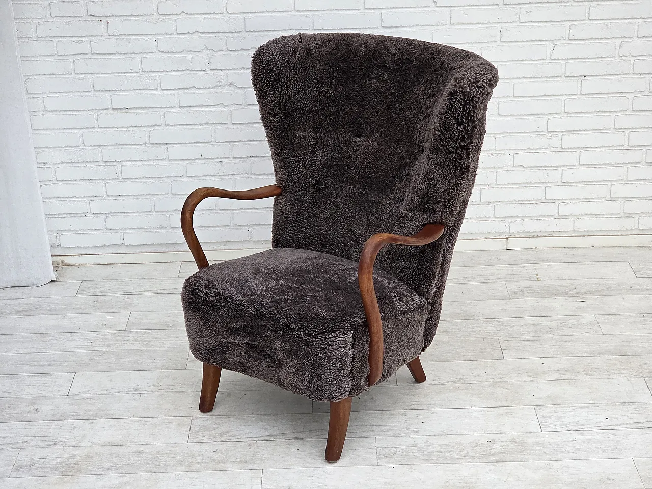 1960s, Danish armchair, reupholstered, genuine sheepskin. 5