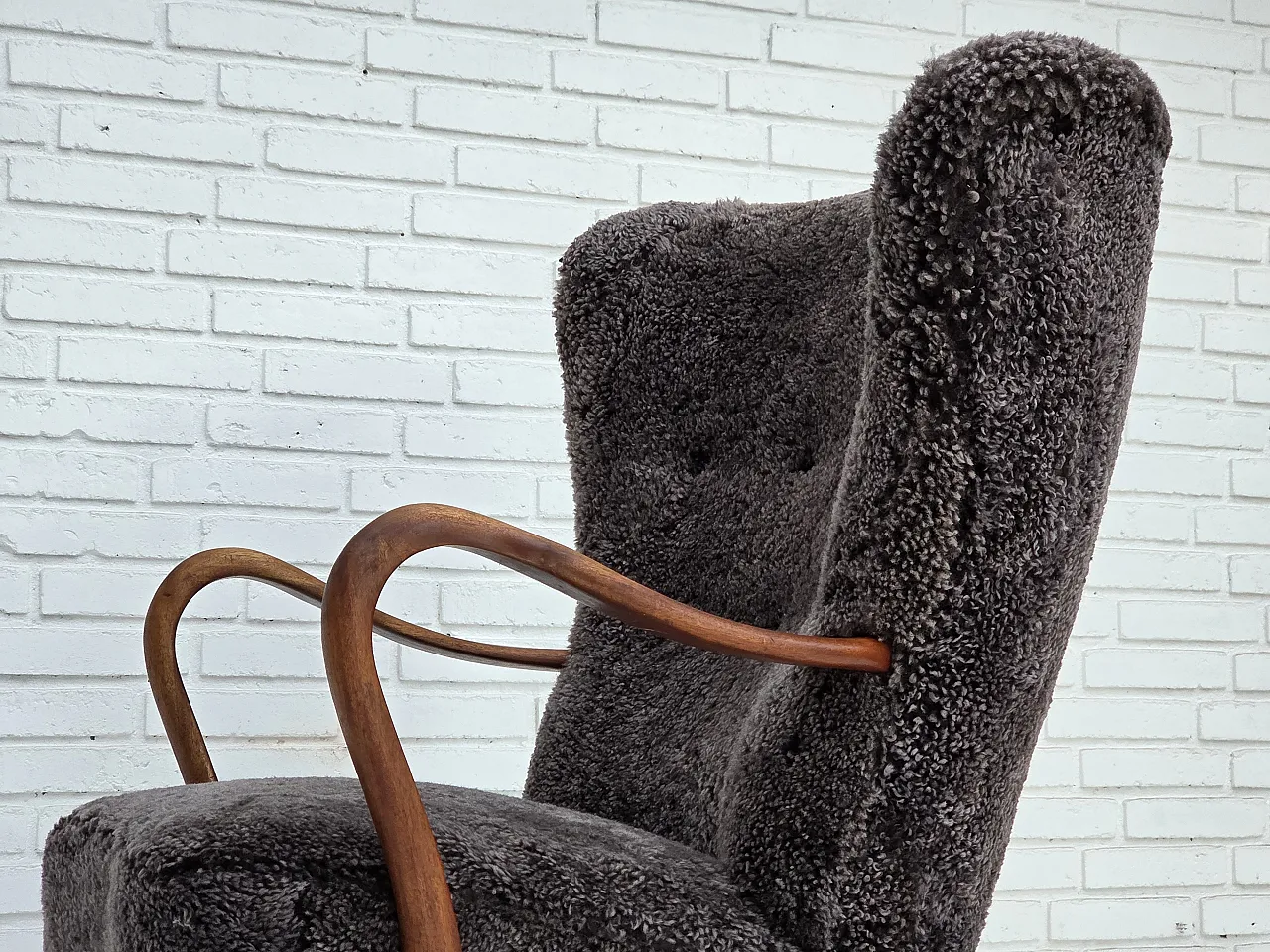 1960s, Danish armchair, reupholstered, genuine sheepskin. 6