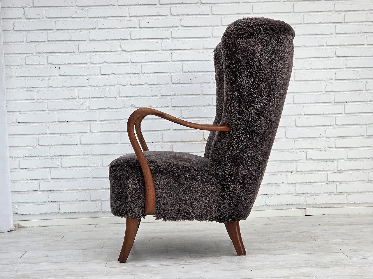 1960s, Danish armchair, reupholstered, genuine sheepskin. 7