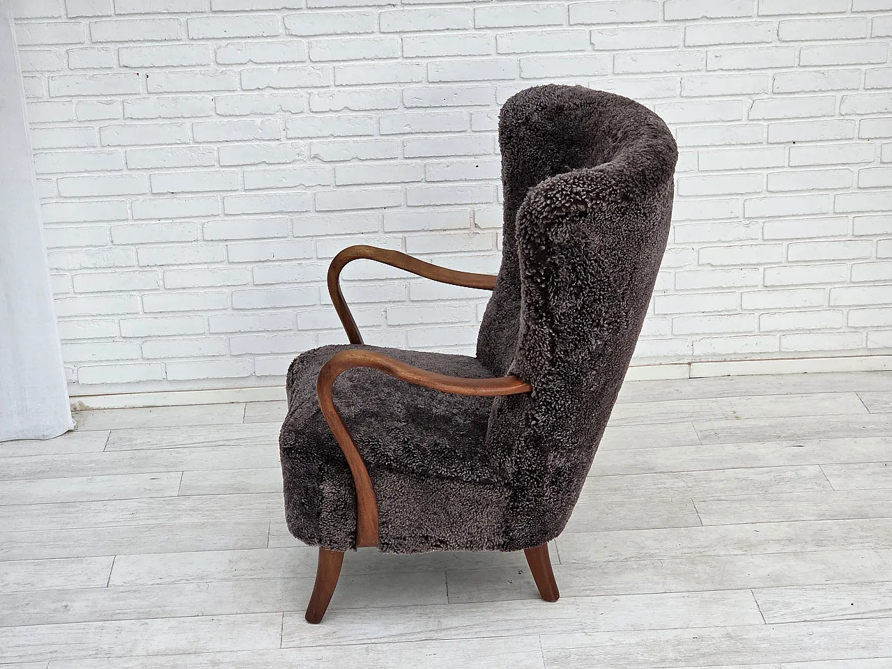 1960s, Danish armchair, reupholstered, genuine sheepskin. 8