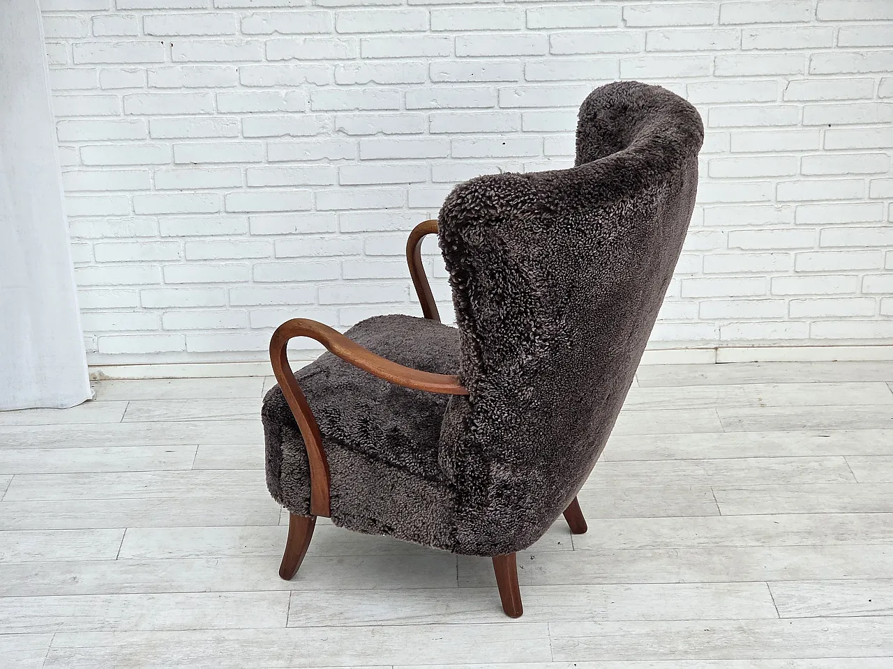 1960s, Danish armchair, reupholstered, genuine sheepskin. 9