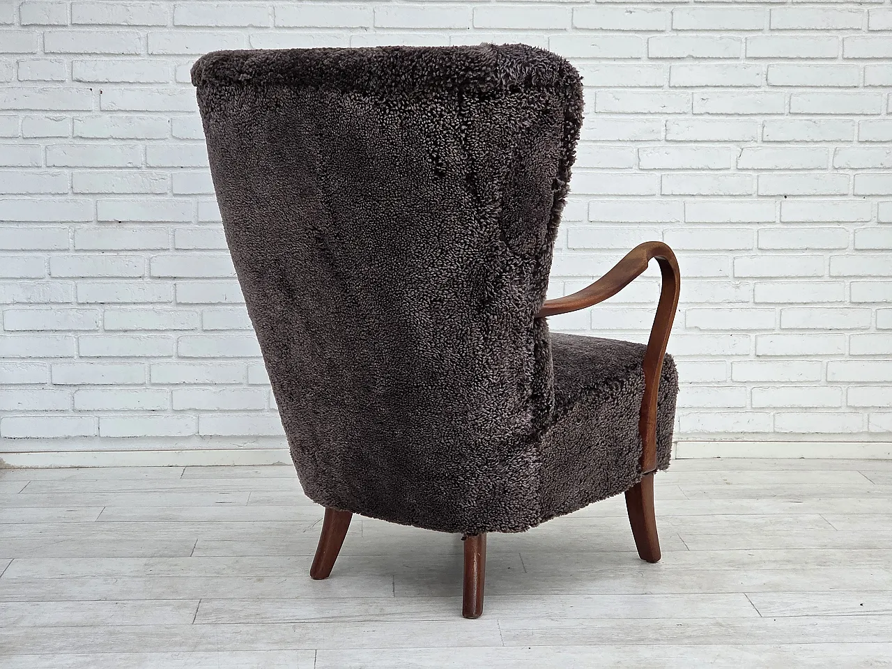 1960s, Danish armchair, reupholstered, genuine sheepskin. 12