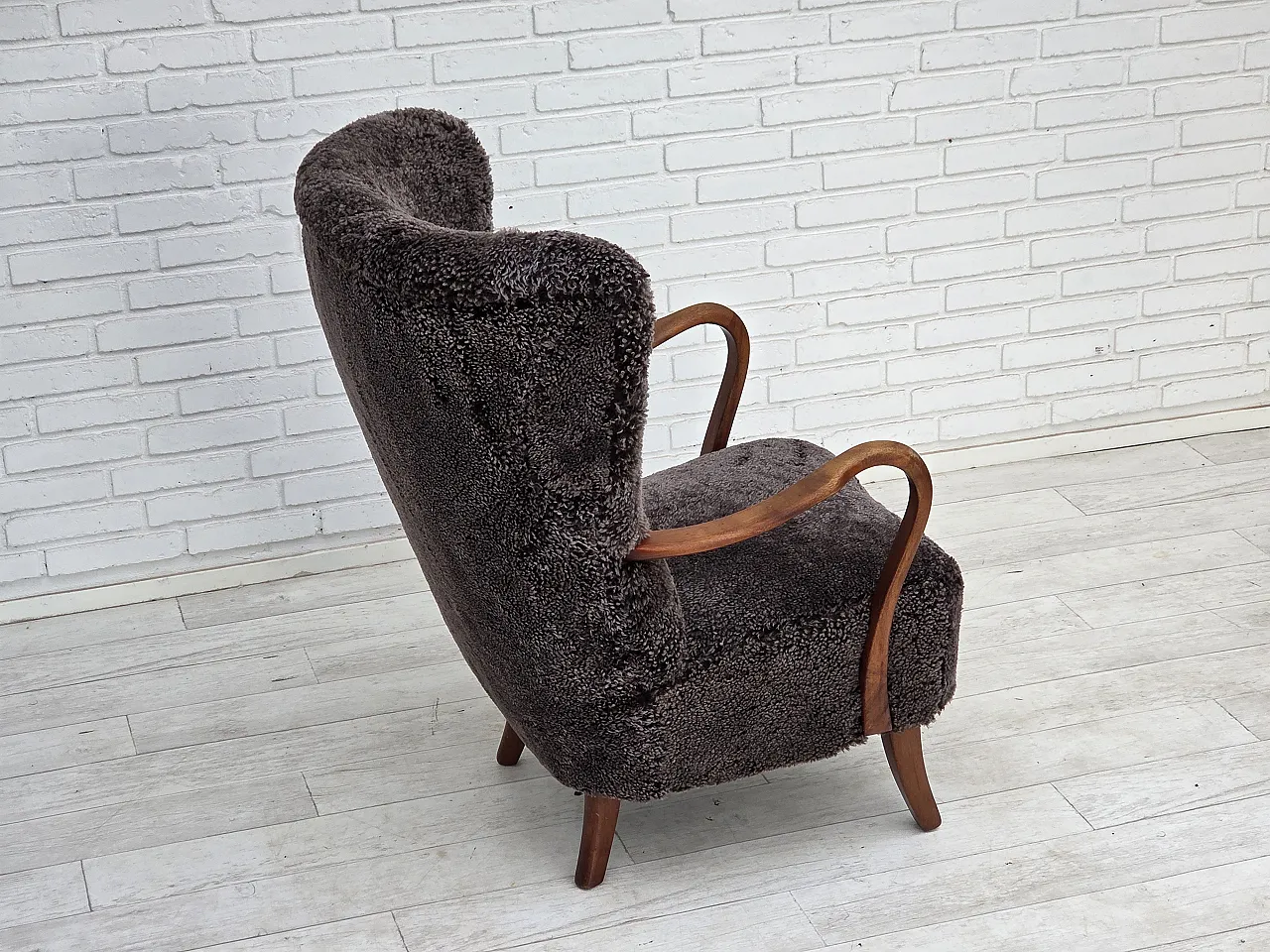 1960s, Danish armchair, reupholstered, genuine sheepskin. 13