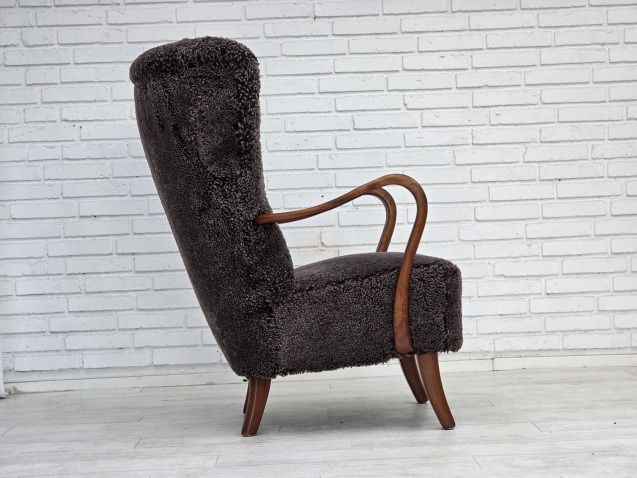 1960s, Danish armchair, reupholstered, genuine sheepskin. 14