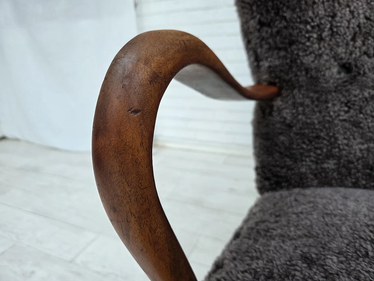 1960s, Danish armchair, reupholstered, genuine sheepskin. 15