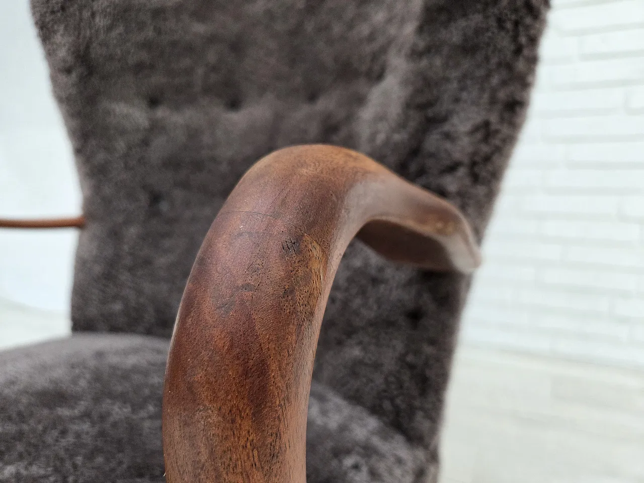 1960s, Danish armchair, reupholstered, genuine sheepskin. 16