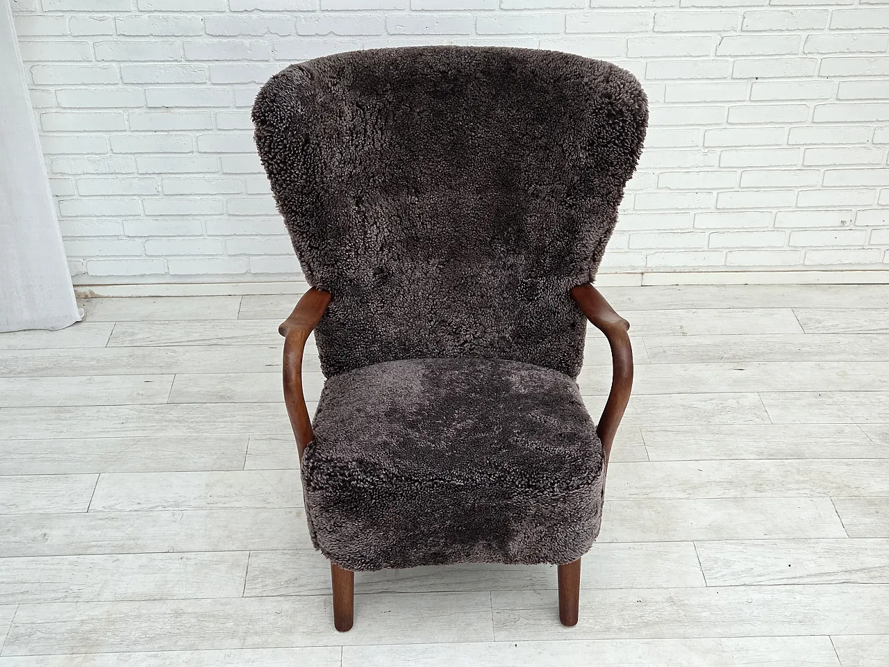1960s, Danish armchair, reupholstered, genuine sheepskin. 17