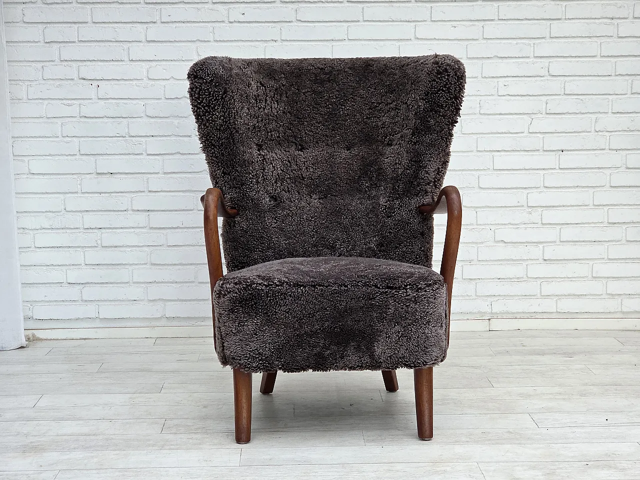 1960s, Danish armchair, reupholstered, genuine sheepskin. 18