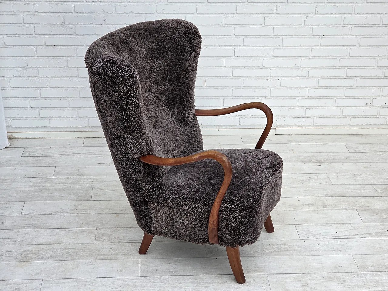1960s, Danish armchair, reupholstered, genuine sheepskin. 19