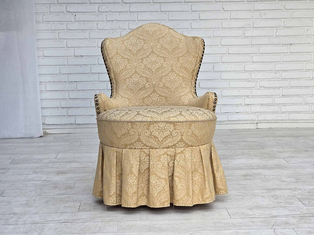 1960s, Danish cocktail lounge chair, jacquard fabric, beech wood. 1