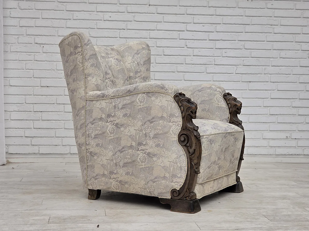 1960s, Danish armchair, furniture jacquard fabric, hand carved wood. 1