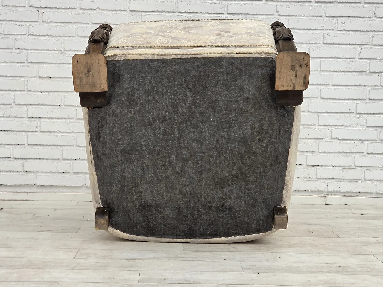1960s, Danish armchair, furniture jacquard fabric, hand carved wood. 2