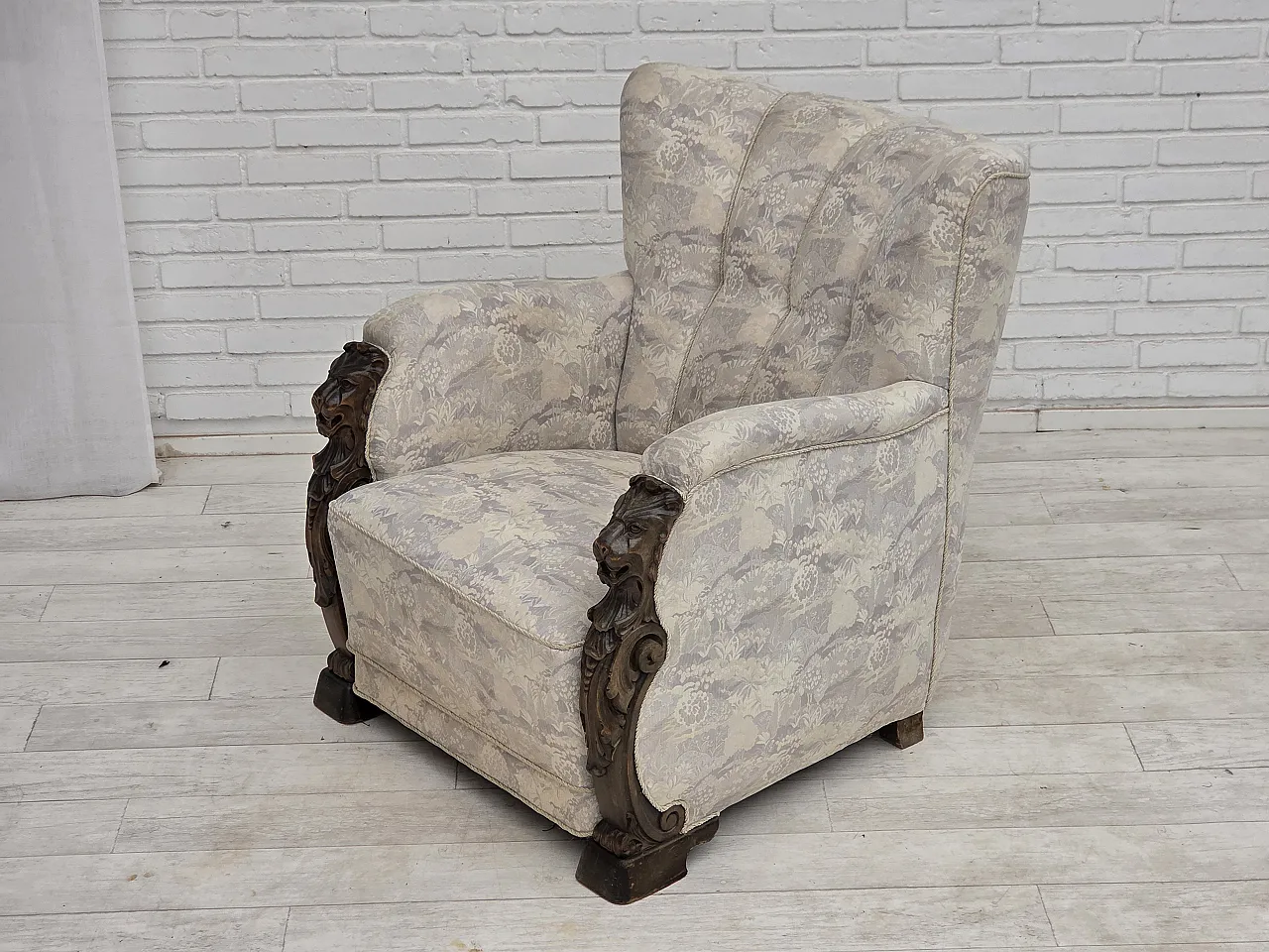 1960s, Danish armchair, furniture jacquard fabric, hand carved wood. 3