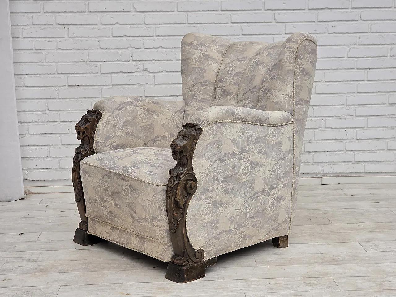 1960s, Danish armchair, furniture jacquard fabric, hand carved wood. 4