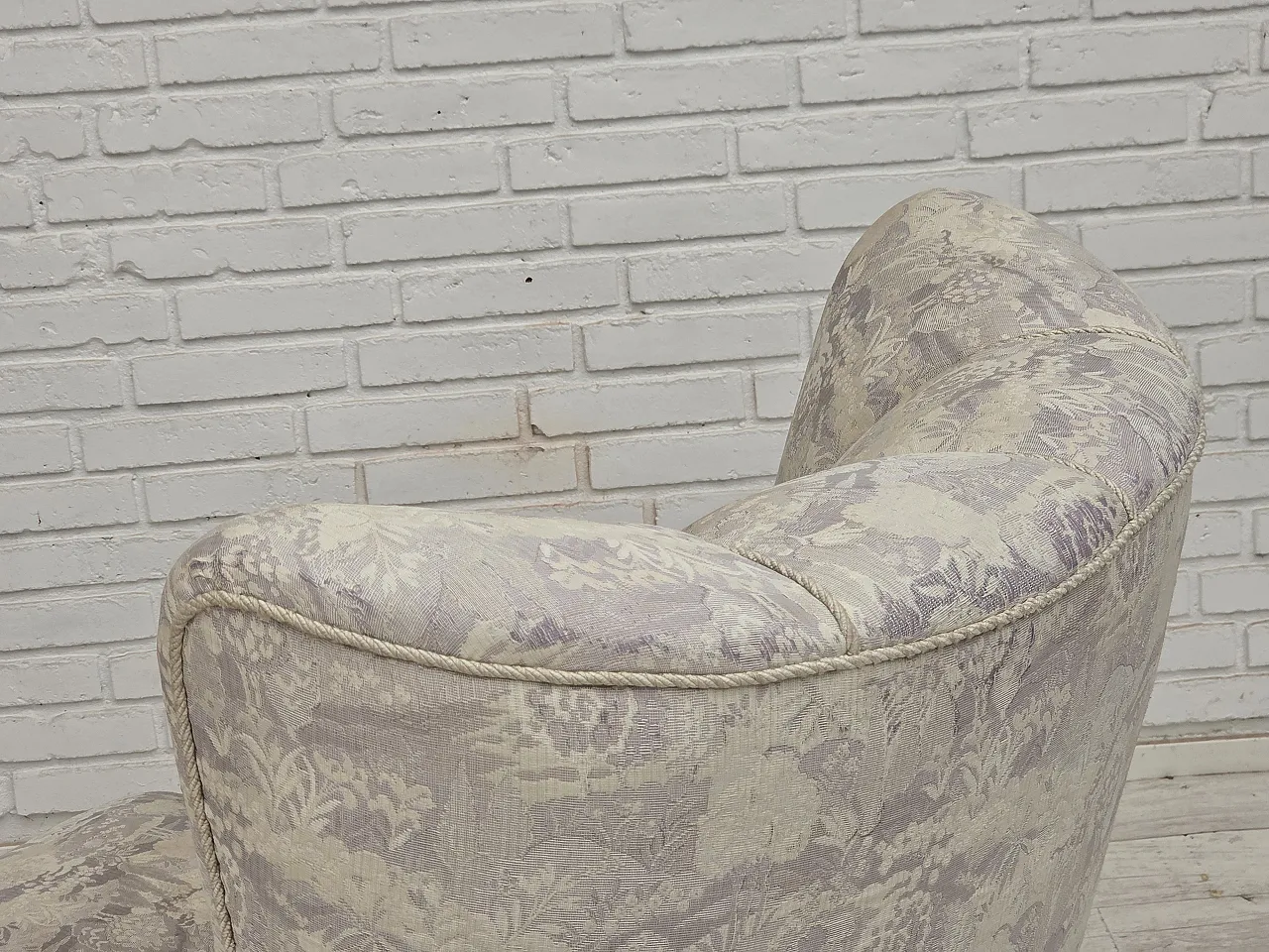 1960s, Danish armchair, furniture jacquard fabric, hand carved wood. 6