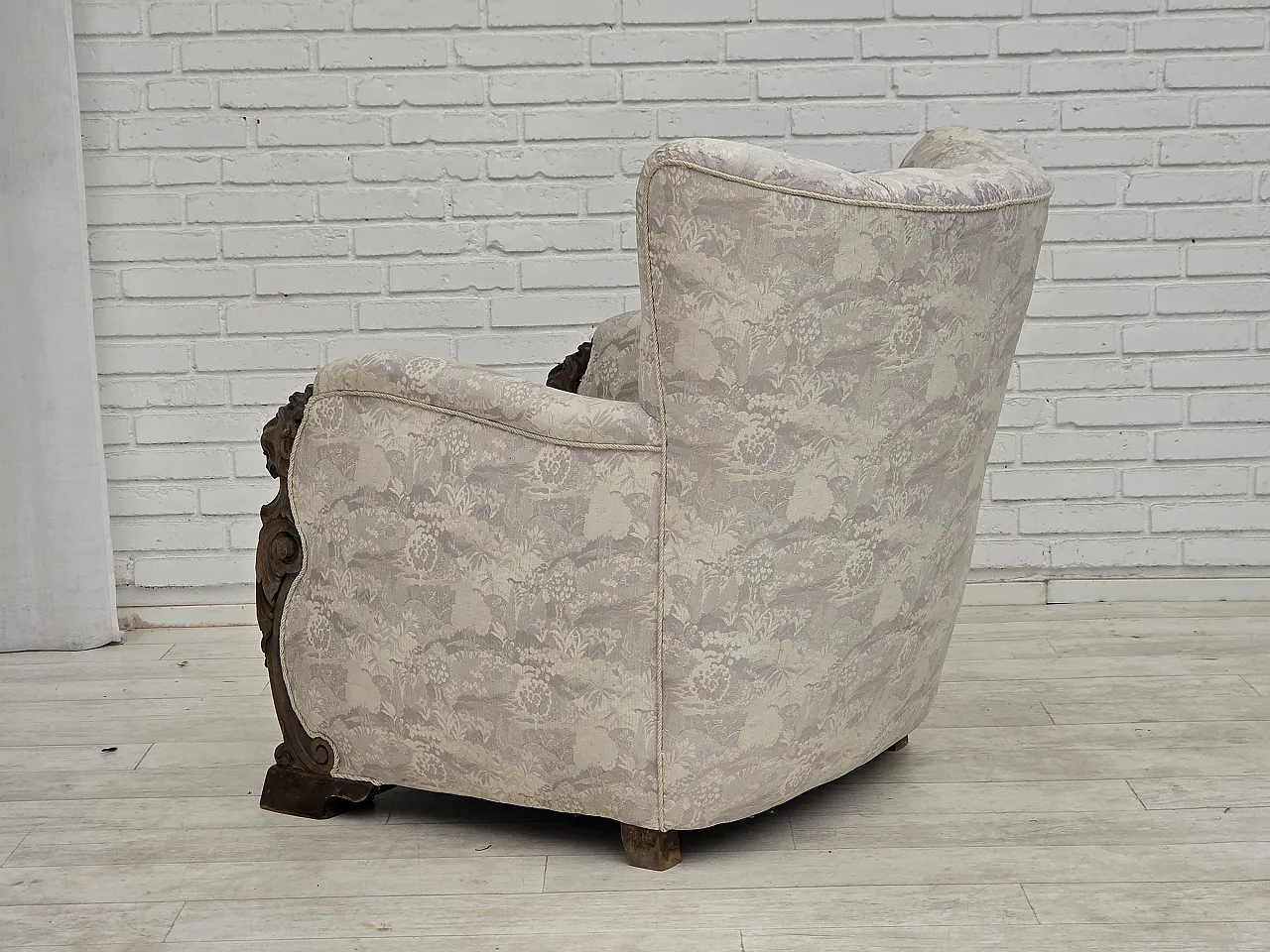1960s, Danish armchair, furniture jacquard fabric, hand carved wood. 7