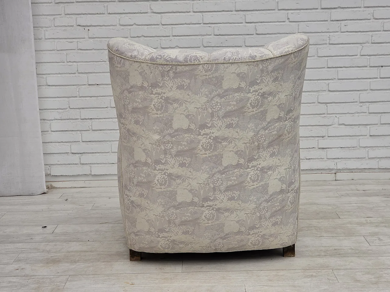 1960s, Danish armchair, furniture jacquard fabric, hand carved wood. 8