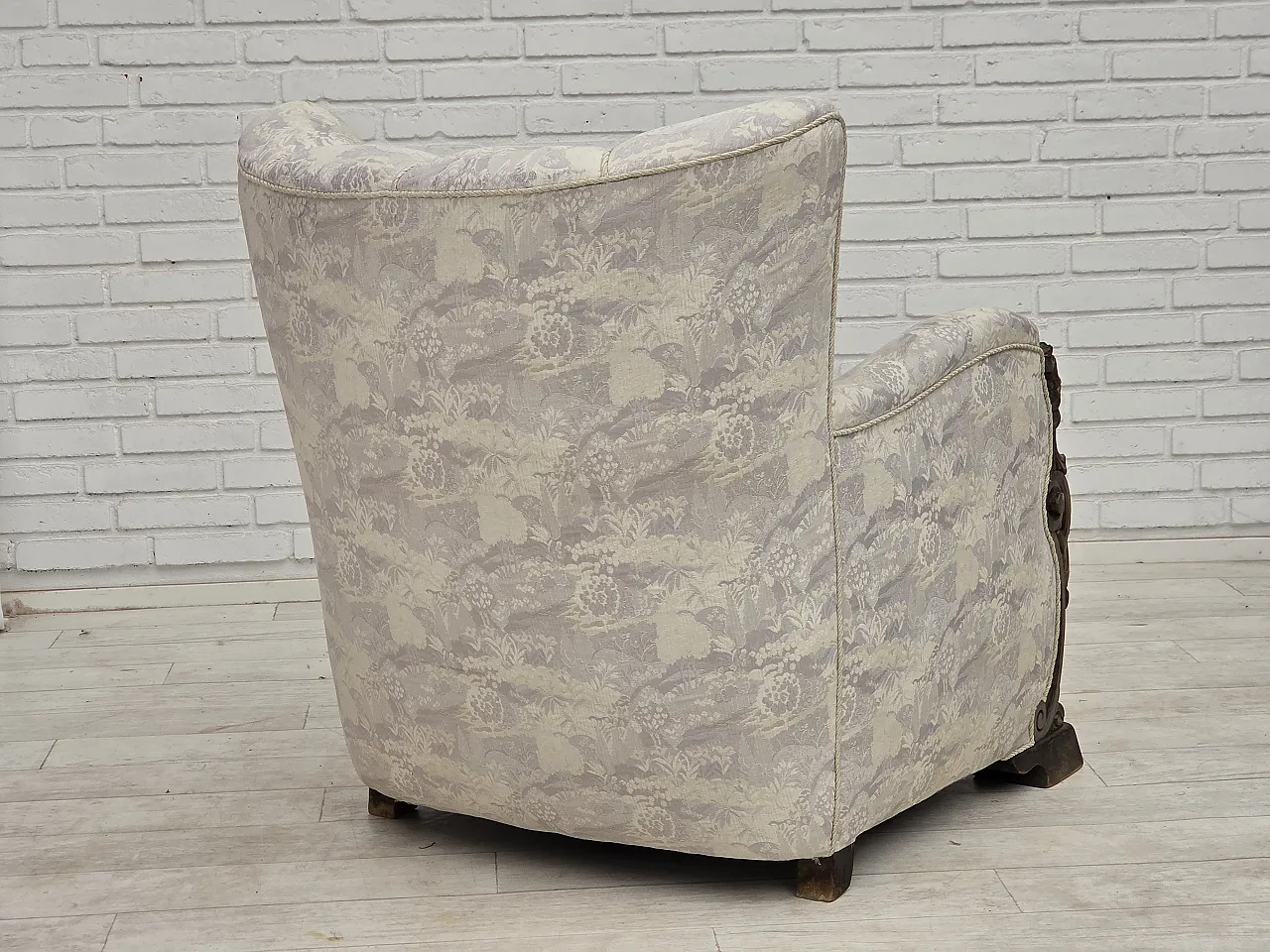1960s, Danish armchair, furniture jacquard fabric, hand carved wood. 9