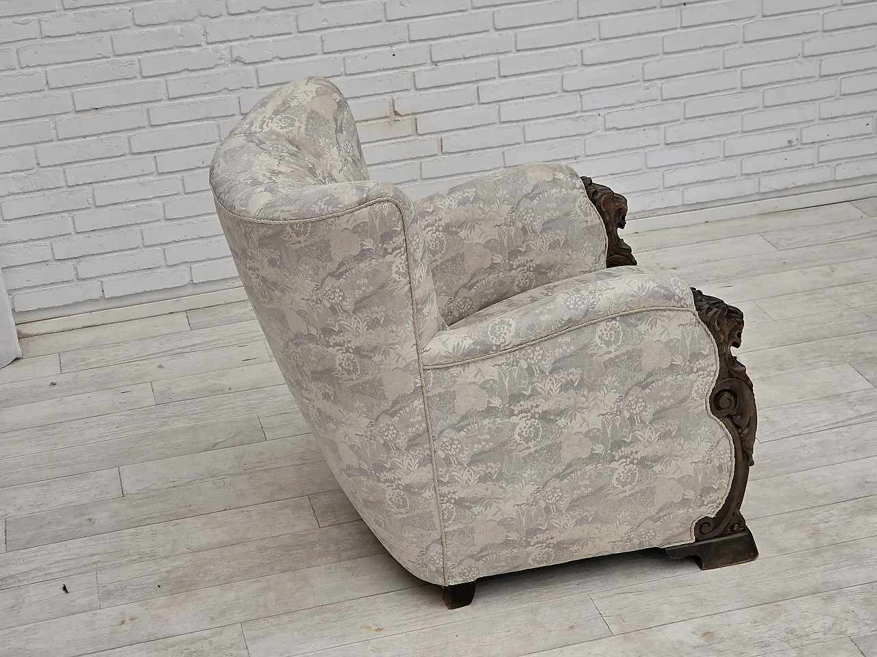 1960s, Danish armchair, furniture jacquard fabric, hand carved wood. 10