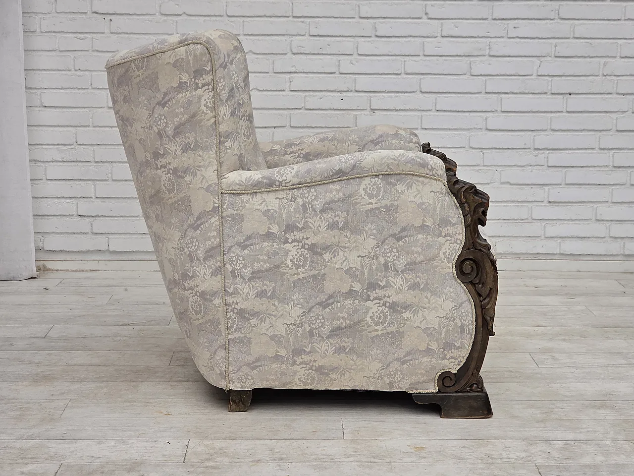 1960s, Danish armchair, furniture jacquard fabric, hand carved wood. 11