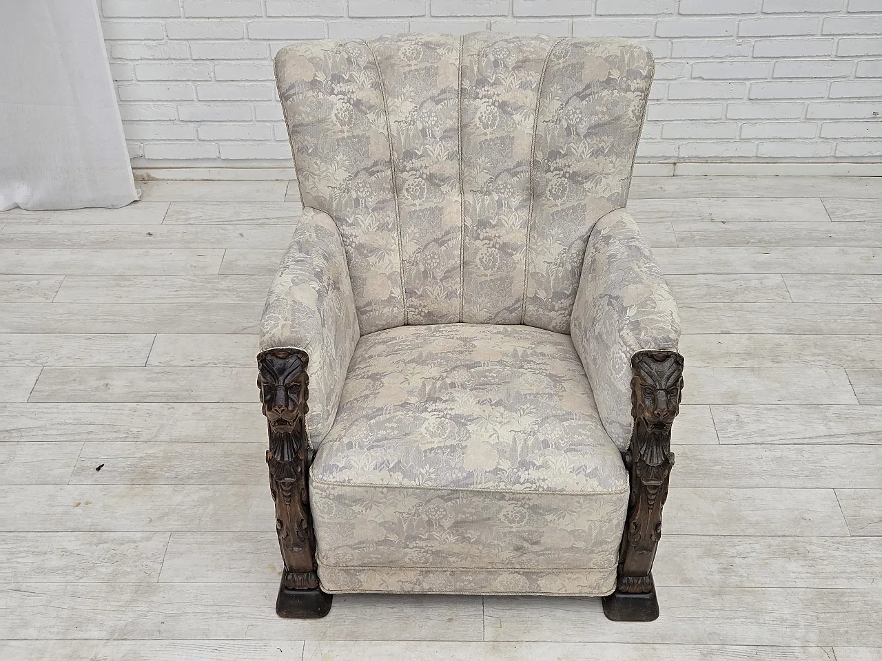 1960s, Danish armchair, furniture jacquard fabric, hand carved wood. 12
