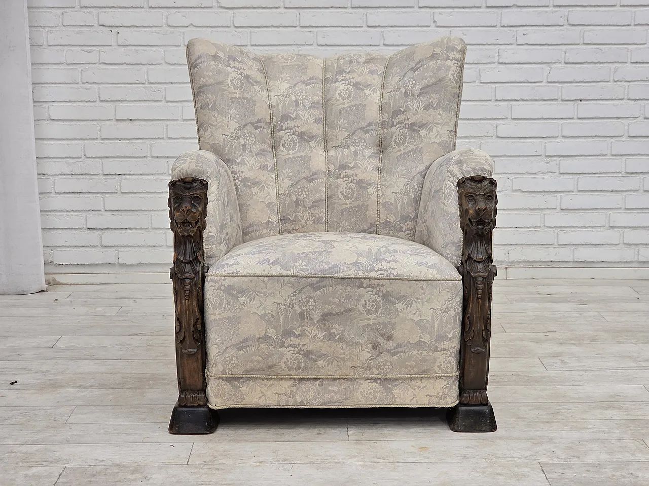 1960s, Danish armchair, furniture jacquard fabric, hand carved wood. 14