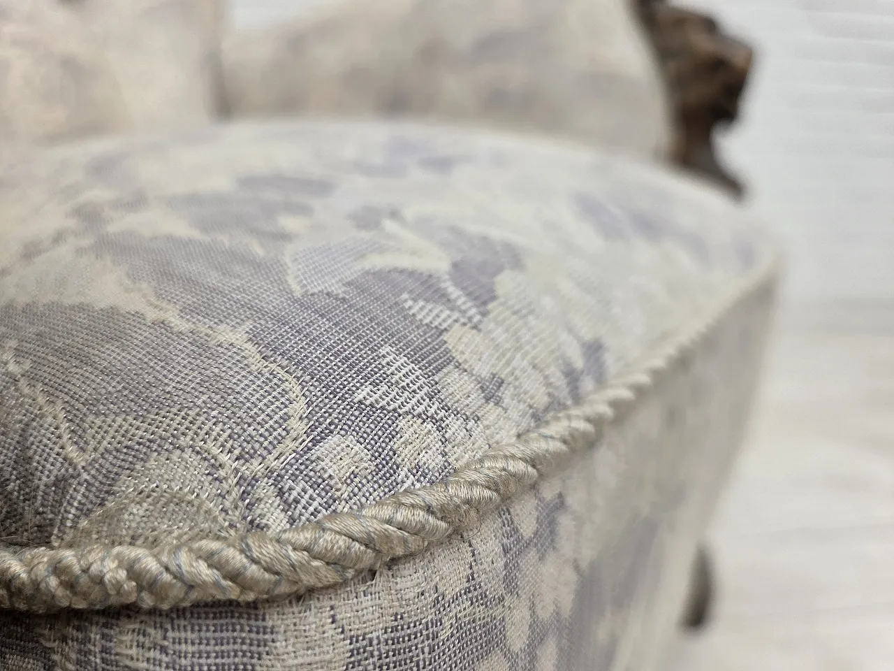 1960s, Danish armchair, furniture jacquard fabric, hand carved wood. 18