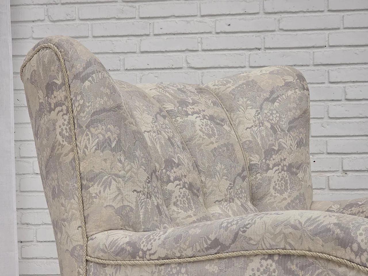 1960s, Danish armchair, furniture jacquard fabric, hand carved wood. 19