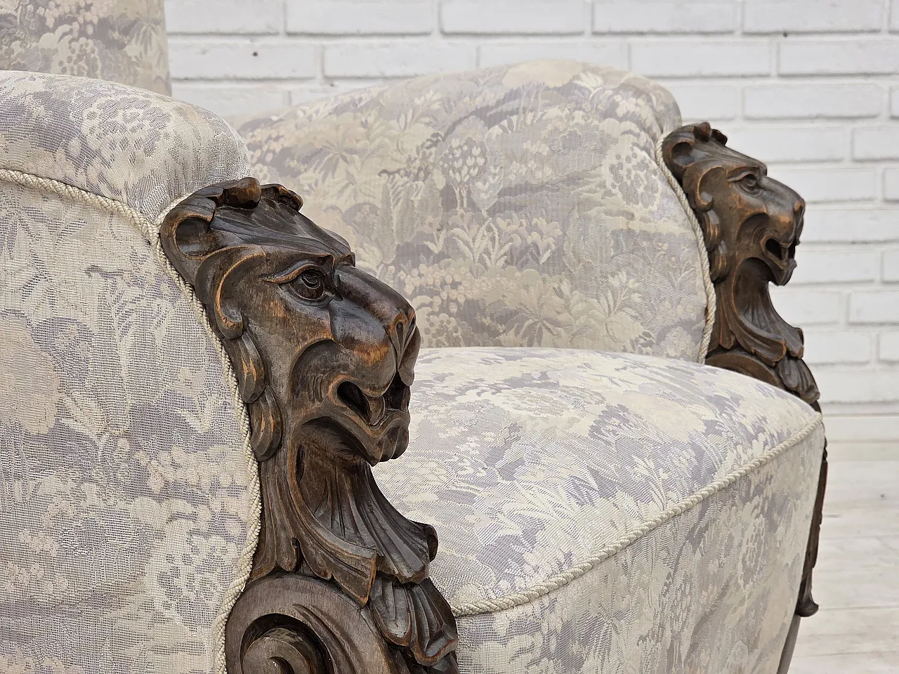 1960s, Danish armchair, furniture jacquard fabric, hand carved wood. 20