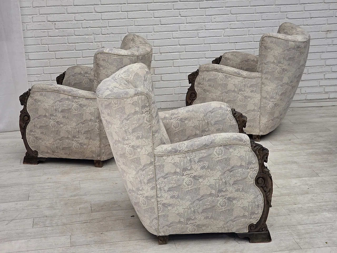 1960s, Danish armchair, furniture jacquard fabric, hand carved wood. 21