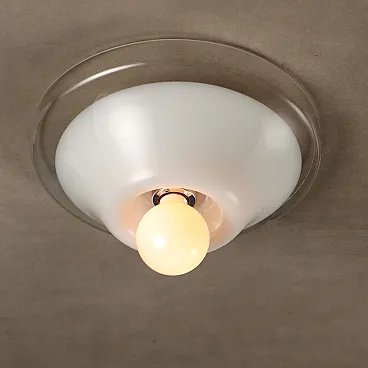 Lampada a plafone in betro bianco e trasparente, anni '70